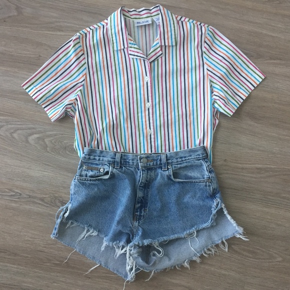 [SOLD] Vintage Rainbow Striped Button-Down SS Shirt - Picture 1 of 7
